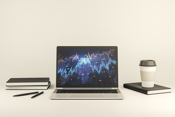 Fototapeta premium Modern computer monitor with abstract creative financial chart with world map, research and strategy concept. 3D Rendering