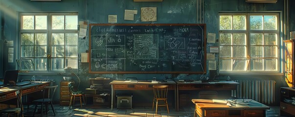 A provocative image of a classroom where the blackboard shows lessons on surviving in polluted environments