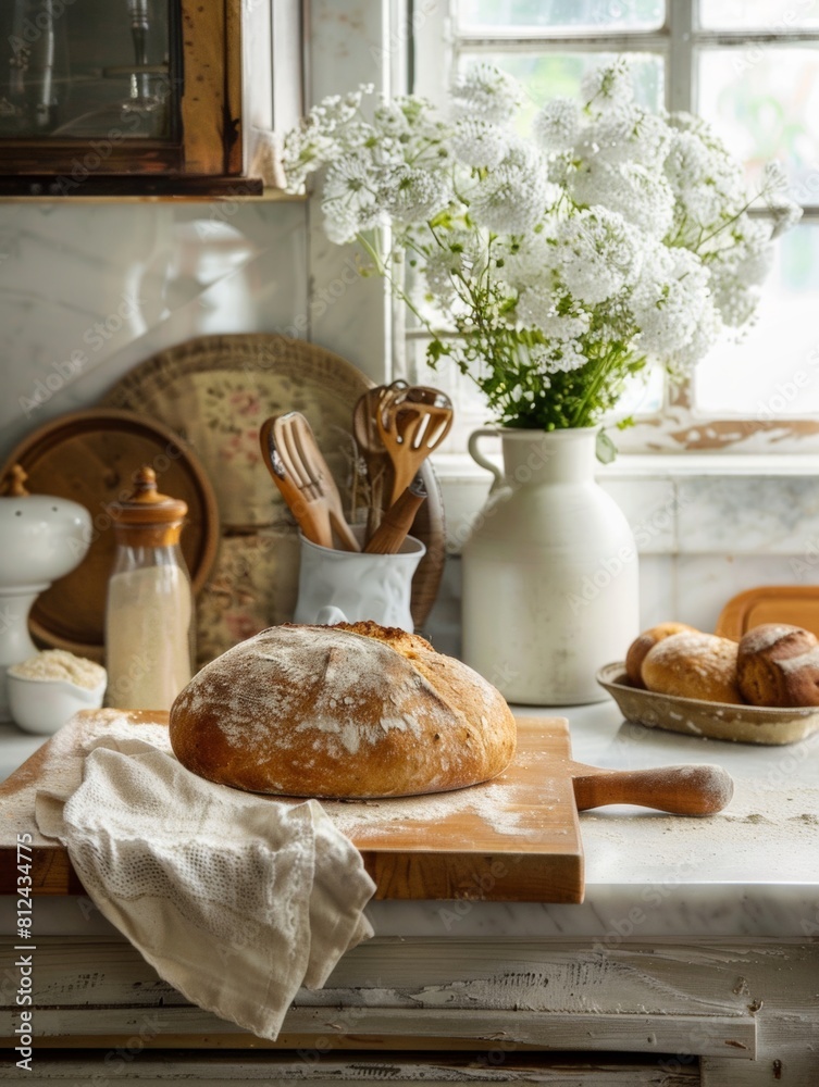 Poster a wooden cutting board serving as the stage for a scene of freshly baked bread and delicate wildflow
