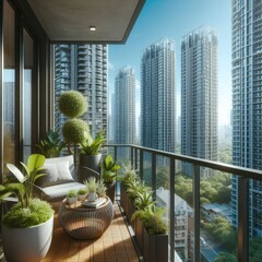 Balcony Oasis: Green Plants and Lounge Chairs Amidst Towering Buildings