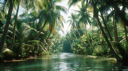 Coconut trees into a river. Generative AI.