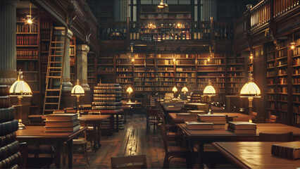 nighttime in a library during the 1920's. its empty. soft light at each table glowing. stacks of books. some require a ladder to reach. old world architecture.