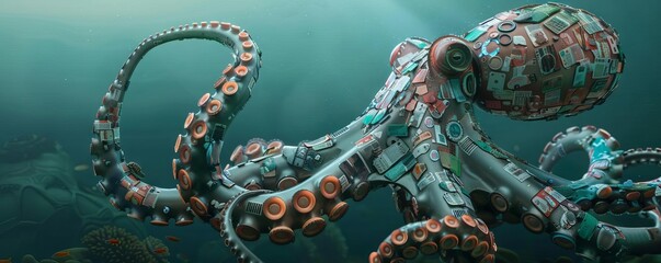 Fototapeta premium A robotic octopus designed to collect and compact plastic waste, operating near an island with rich biodiversity