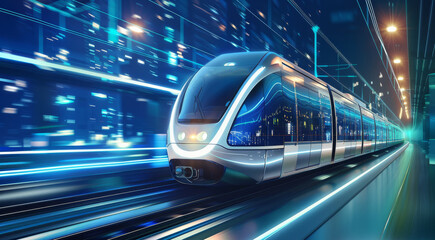 Fototapeta premium A futuristic light rail train moving at high speed, blue background with white and green accents, blue gradient. Generative AI.