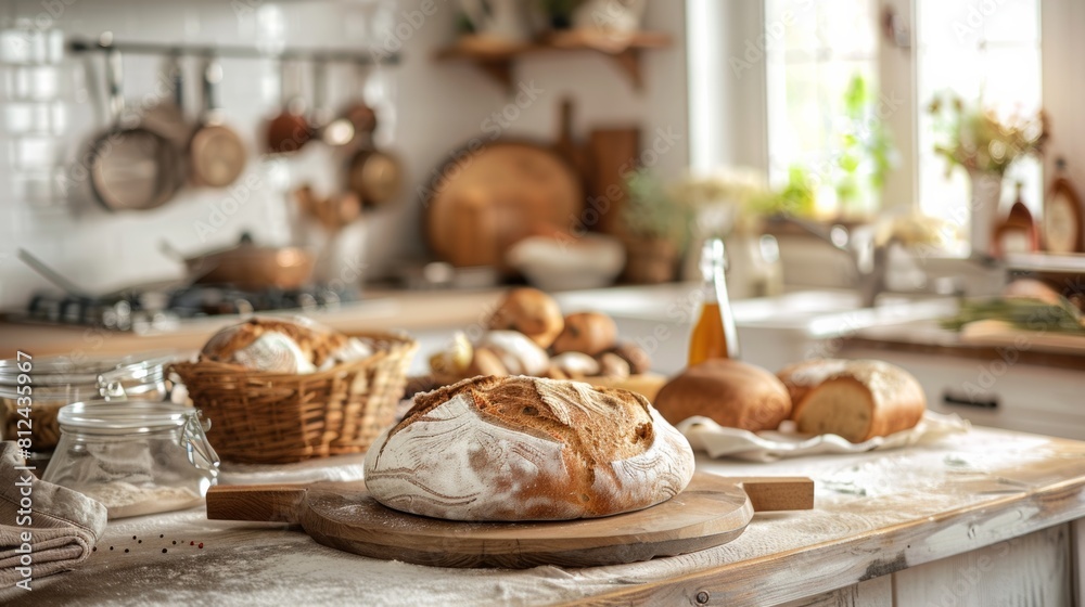 Poster A cozy kitchen setting with an abundance of various types of homemade bread displayed on the counter. Generative AI
