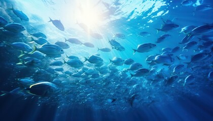 Fototapeta premium Groups of giant Tuna fish in the underwater, coral reef, amazing underwater life, various fish and exotic coral reefs, ocean wild creatures background