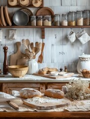 A cozy kitchen countertop overflowing with an assortment of freshly baked bread loaves, rolls, and buns. Generative AI