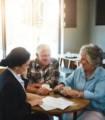 Senior couple, financial advisor and people with paperwork, relax conversation and retirement...