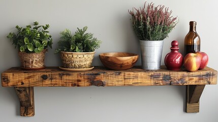 Wooden Shelf With Potted Plants and Bowl
