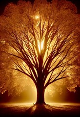 Silhouette of a tree against golden sunlight