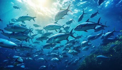 Fototapeta premium Groups of giant Tuna fish in the underwater, coral reef, amazing underwater life, various fish and exotic coral reefs, ocean wild creatures background