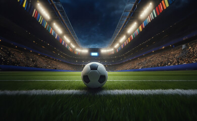 soccer ball inside a stadium at night, photo realistic illustration