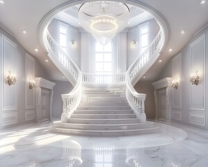 Majestic Entrance Hall with Sweeping Staircase and Glittering Chandelier in Elegant Interior Design Concept