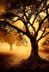 Silhouette of a tree against golden sunlight