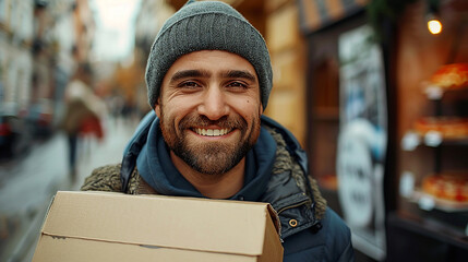 A delivery service man with a cap and happy smile mood, holding an empty unbranded cardboard box package, waiting at door step in a sunny day 