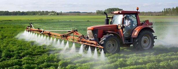 Modern tractor spraying fertilizer chemical spray pesticide land cultivated farmland farm harvest. Efficient Farming Modern Tractor at Work.
Boosting Crop Growth: Tractor Spraying Fertilizer