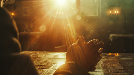 Close-up of the priest's hands folded in a prayer gesture, soft light falling on the hands. An adult man prays indoors. Religion concept.