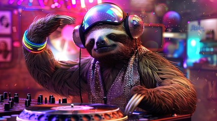Fototapeta premium Anthropomorphic sloth DJ spinning records at a lively club scene. 3D illustration with vibrant disco lights. Music and entertainment concept. Design for poster, greeting card.