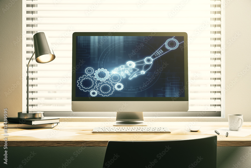Aufkleber Creative abstract robotics technology hologram on modern computer monitor, artificial intelligence and machine learning concept. 3D Rendering