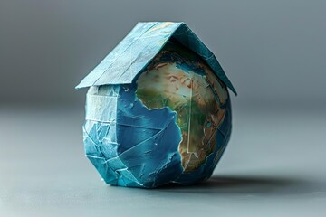 A stark image of a paper Earth being folded into an origami house, discussing global housing issues due to population growth
