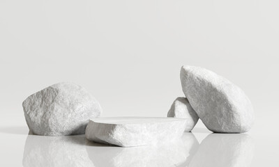 White stone podium, Cosmetic display product stand on white background. 3D rendering	
