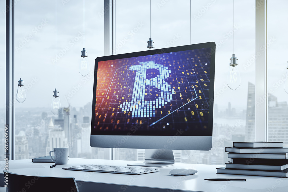 Poster creative bitcoin concept on modern laptop screen. 3d rendering