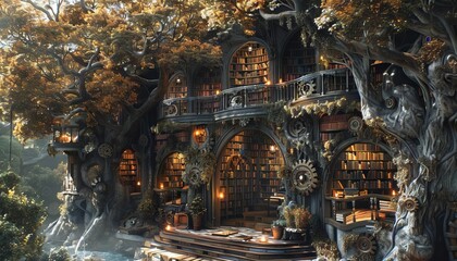 A steampunk scene featuring an ancient library with trees that have gears for bark and books growing as leaves