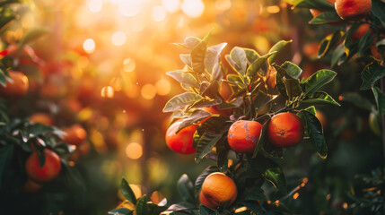 Orange oranges grow on a tree at sunset. Beautiful and juicy oranges on the trees on the plantation. Fruit growth concept.