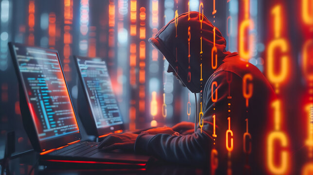 hacker in a hoodie coding on a laptop with a digital code background, in the style of a cyber attack concept