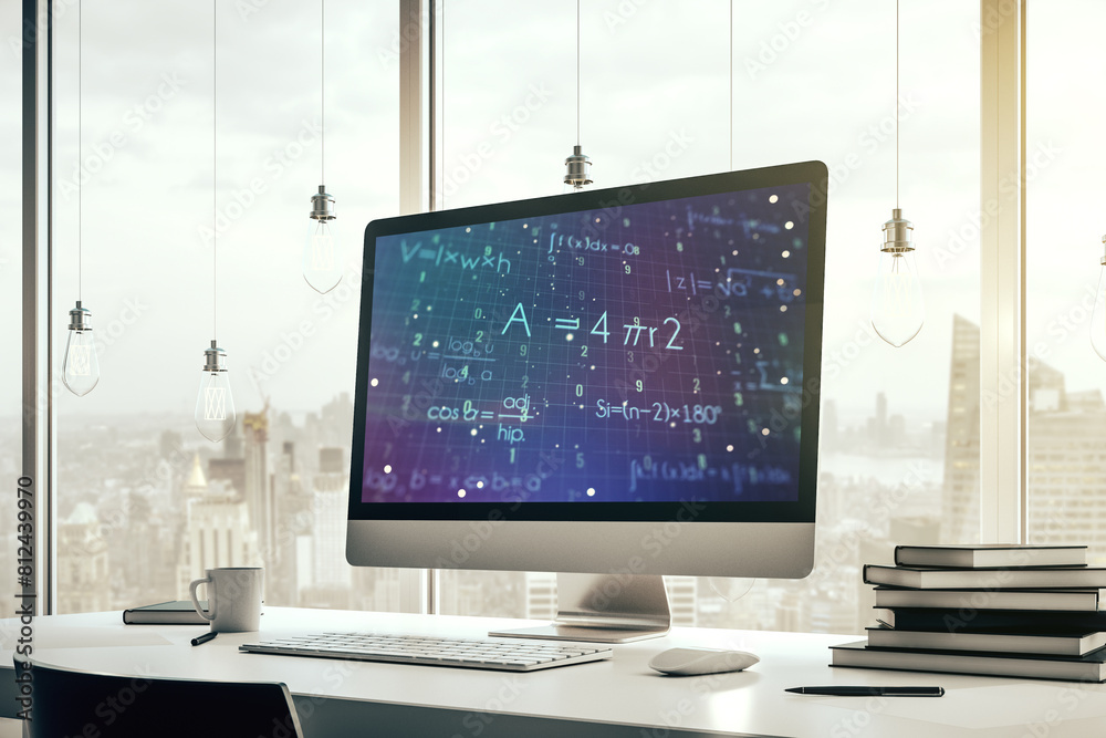 Poster Modern computer monitor with creative scientific formula concept, research and development concept. 3D Rendering