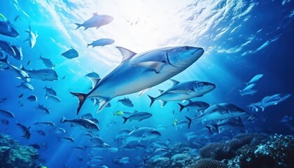 Fototapeta premium Groups of giant Tuna fish in the underwater, coral reef, amazing underwater life, various fish and exotic coral reefs, ocean wild creatures background