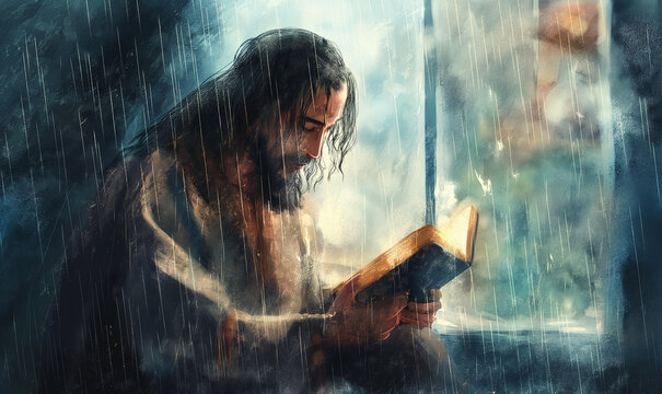 A Jesus Christ reading a bibo on heavy rain for hopes and spirit of dream.  Digital watercolor painting illustration