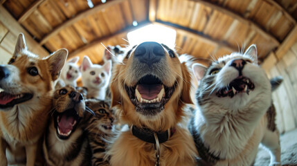Group of Happy Dogs and Cats Looking at the Camera in a Wooden Shelter, Celebrating Joyful Moments and Furry Friendship