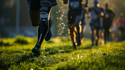 Determined Athlete with Prosthetic Leg Running in a Marathon, Surrounded by Other Competitors in a Sunlit Field, Representing Strength and Perseverance