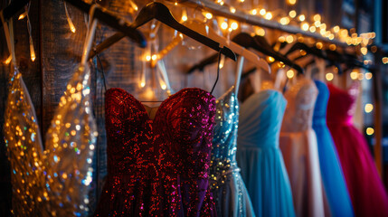 An array of colorful prom dresses hanging on hangers with twinkling fairy lights in the background. Elegant evening gowns showcasing a variety of vibrant colors and sparkling details. Celebration of f