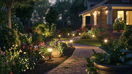 A beautifully lit garden pathway with an outdoor landscape lighting system in the evening. Illuminated plants and flowers creating a serene and inviting atmosphere. Showcasing garden design and outdoo