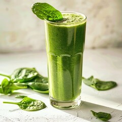 Green smoothie with spinach or other green vegetables and fruits on a light background.