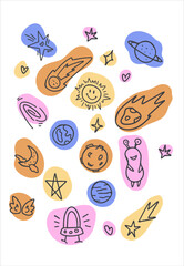 set of colorful line art space doodles
