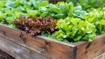 A raised garden bed filled with vibrant green vegetables and leafy greens. Showcasing sustainable gardening, fresh produce, and organic farming. A beautiful example of homegrown food and eco-friendly 