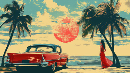 Tropical Beach Sunset, Retro Car and Elegant Woman in Red Dress - obrazy, fototapety, plakaty