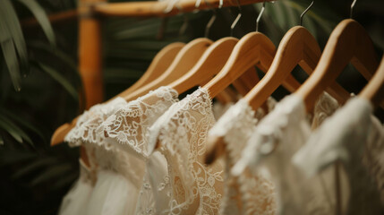 A row of white wedding dresses hanging on wooden hangers. Elegant bridal gowns with intricate lace details and delicate fabrics, symbolizing romance and celebration. Perfect representation of wedding 