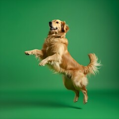 Full body of golden dog jumping on green screen background - obrazy, fototapety, plakaty