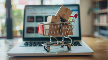A small shopping cart with boxes on top of an open laptop, representing the concept of online shopping and e-commerce. Highlighting the convenience and efficiency of digital retail and modern consumer