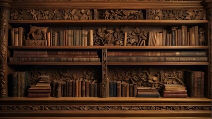  A beautifully carved wooden bookshelf filled with antique books   - obrazy, fototapety, plakaty