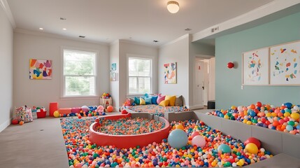 Modern colorful playroom with a ball pit for hours of entertainment. Close up