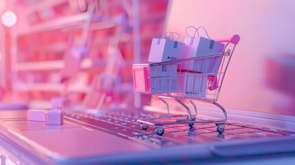A small shopping cart with boxes placed on the keyboard of a laptop. Representation of online shopping, e-commerce, and digital retail. Highlighting the convenience and modern approach to purchasing g