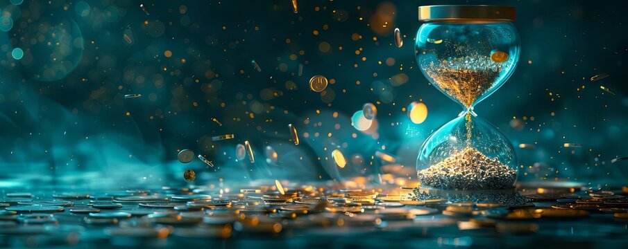 A surreal depiction of an hourglass with coins falling instead of sand, symbolizing the devaluation over time