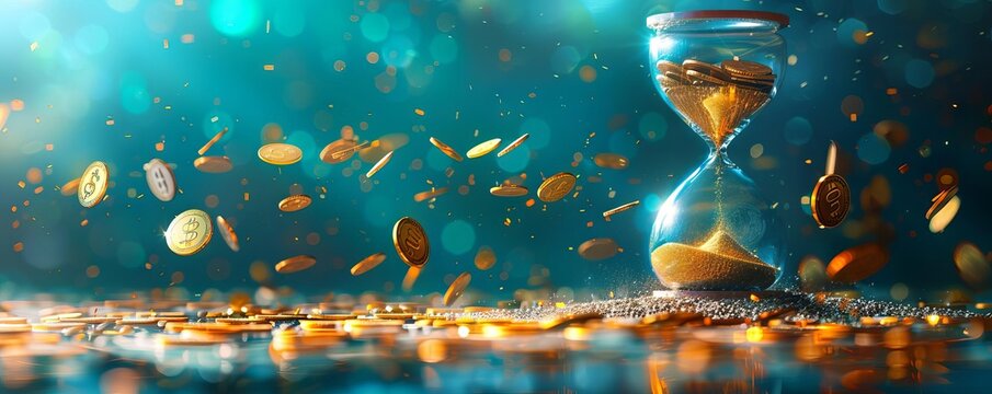 A surreal depiction of an hourglass with coins falling instead of sand, symbolizing the devaluation over time