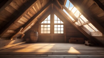  Sunlight streaming through the windows of a rustic wooden attic  - obrazy, fototapety, plakaty