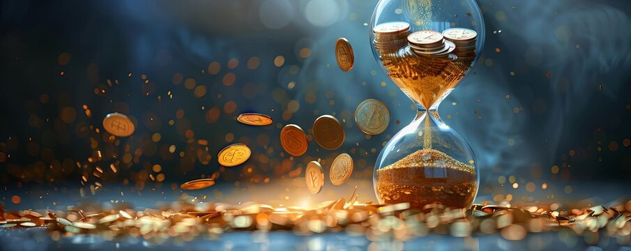 A surreal depiction of an hourglass with coins falling instead of sand, symbolizing the devaluation over time
